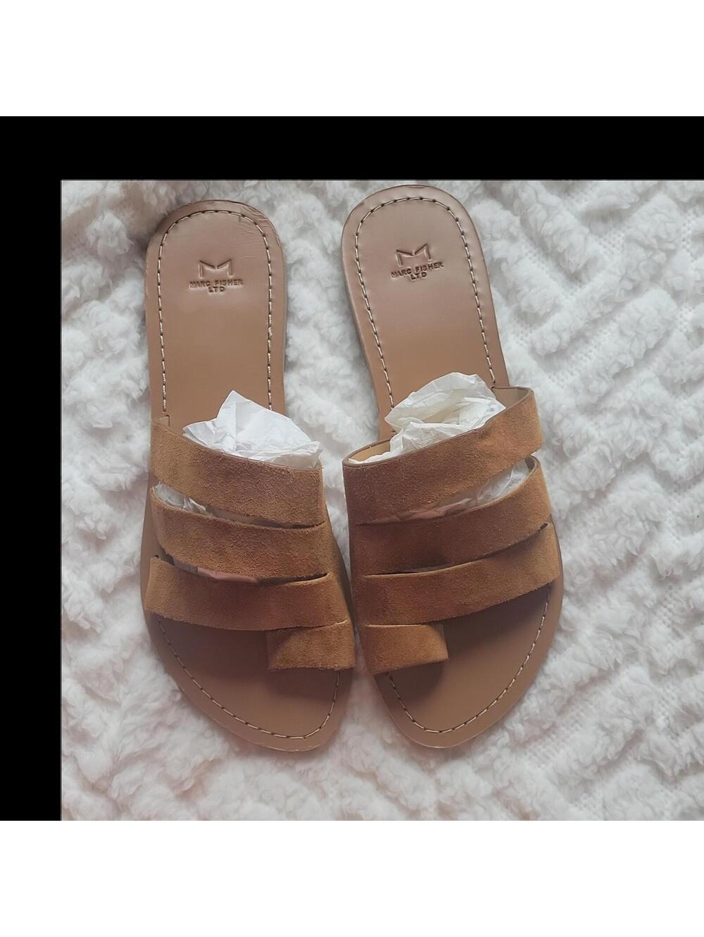 Marc Fisher LTD Women's Brown Suede Strappy Slip-On Flat Sandals Comfort